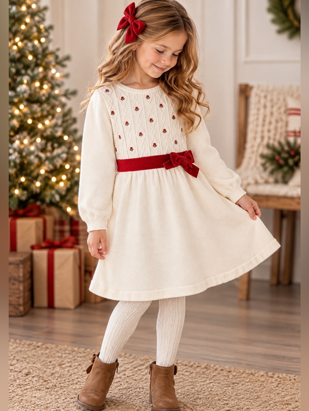 Hope & Henry Girls Size 6 Ivory Sweater Dress Red Bow Floral Cable Knit Holiday